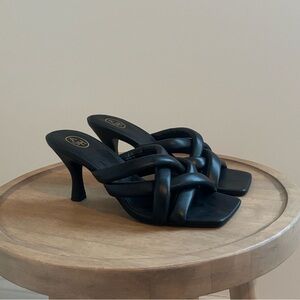 Ash Black Braided Square-Toe Mule Heels